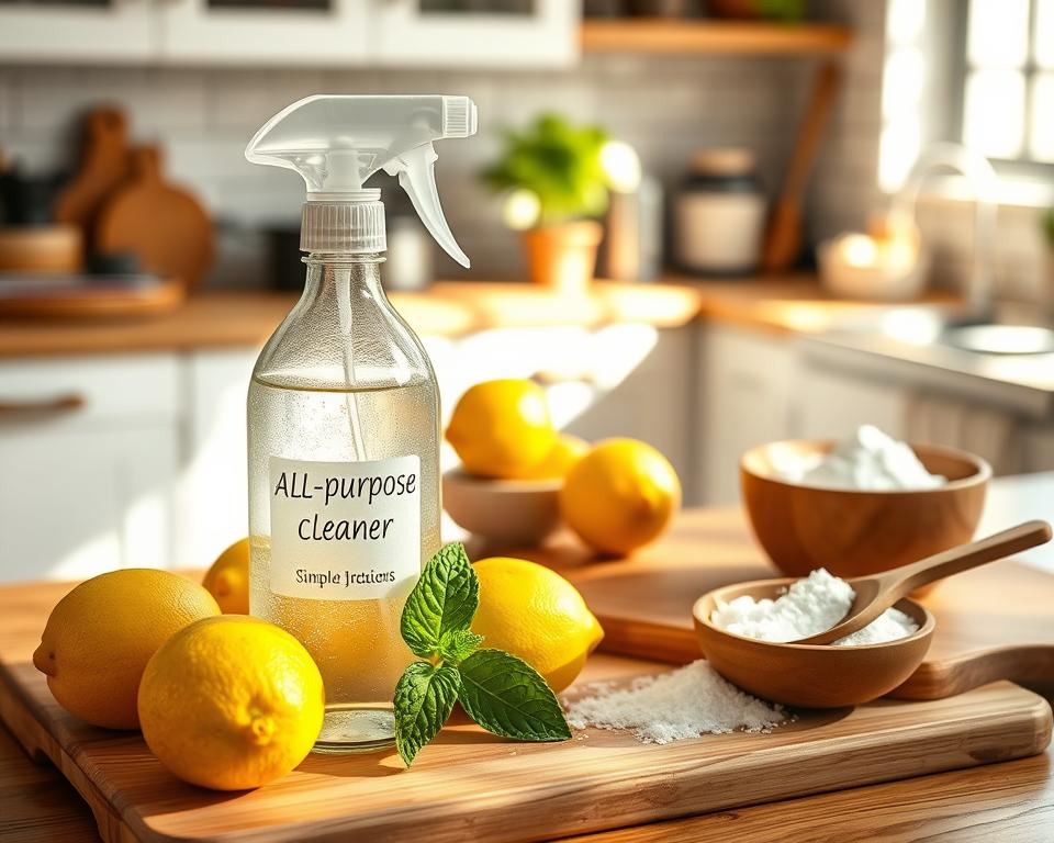 A cozy, sunlit kitchen featuring a homemade all-purpose cleaner prominently displayed in the foreground, nestled between fresh lemons and a sprig of mint. The cleaner is presented in a clear glass spray bottle, labeled with simple, natural ingredients. In the middle ground, a wooden cutting board holds a wooden spoon and a bowl of baking soda, evoking a sense of DIY care. The background reveals a clean, inviting kitchen with soft natural light filtering through a window, casting gentle shadows. The atmosphere is warm and cheerful, highlighting a fresh and eco-friendly approach to cleaning. A shallow depth of field focuses on the cleaner and surrounding ingredients, while a slightly blurred kitchen offers a hint of home and comfort.