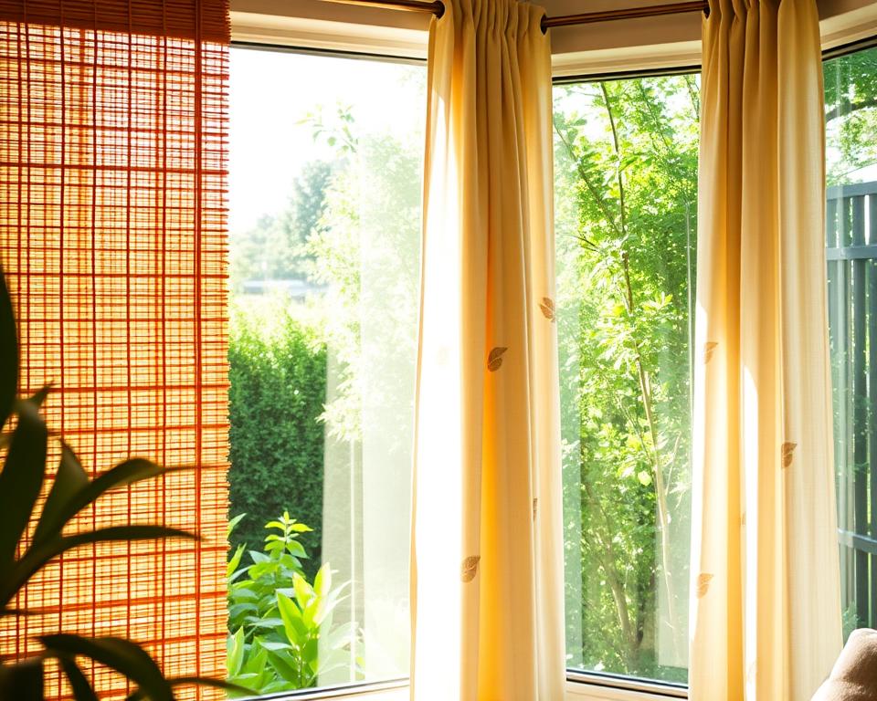 A cozy, sunlit room featuring sustainable window treatments, such as elegant bamboo blinds and soft, natural fiber curtains. In the foreground, the bamboo blinds are partially drawn, allowing gentle sunlight to filter through. The middle ground showcases the curtains flowing gracefully, adorned with leaf patterns that emphasize eco-friendliness. In the background, large windows reveal a lush green garden, enhancing the natural atmosphere. Soft, warm lighting fills the space, creating a serene and inviting ambiance. The scene is shot with a wide-angle lens, capturing both the details of the window treatments and the tranquil environment, inspiring a sense of comfort and sustainability.