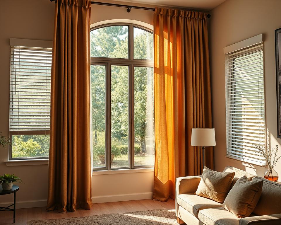 A cozy, well-lit living room showcasing an elegant blend of curtains and blinds, strategically positioned to control natural light and temperature. In the foreground, rich, textured curtains in soft earth tones gracefully drape from a large window. Paired with sleek, modern blinds slightly tilted to filter sunlight, creating a play of shadows across the room. The middle ground features a comfy sofa and tasteful decor, highlighting the connection between comfort and energy efficiency. In the background, a view of lush greenery outside, conveying a sense of harmony with nature. Soft, warm lighting accentuates an inviting atmosphere, inviting viewers to feel the balance between natural and artificial temperature regulation. The angle captures the entire composition to emphasize the effectiveness of the window treatments without any text or distractions.