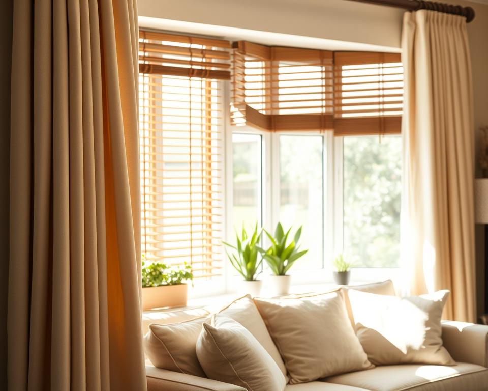 A cozy, well-lit living room showcasing thermally efficient curtains and blinds. In the foreground, a pair of luxurious, light-filtering curtains in a soft beige fabric, elegantly draped to one side, revealing a stylish set of wooden blinds with a sleek finish. The middle ground features a comfortable sofa adorned with natural-toned cushions, subtly blending with the overall warm atmosphere. In the background, a sunlit window framed by potted plants adds a touch of greenery, highlighting the effect of the curtains blocking harsh sunlight. The room is bathed in gentle, diffused sunlight, suggesting tranquility and a comfortable temperature. The angle captures the full expanse of the window area, emphasizing the importance of thermal efficiency in this domestic setting.