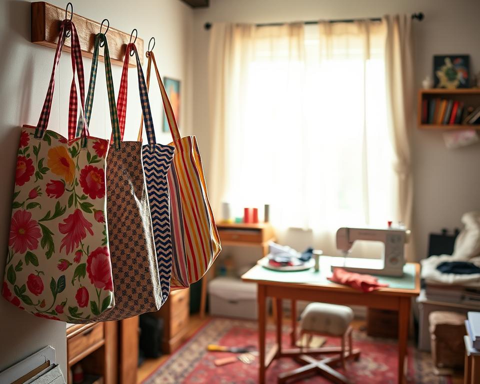 A cozy, well-lit room showcasing a collection of DIY fabric shopping totes made from repurposed bed sheets. In the foreground, several colorful, patterned totes hang from a rustic wooden peg, displaying various designs like floral, geometric, and striped patterns. In the middle, a neatly arranged sewing station features scissors, spools of thread, and a sewing machine, with scraps of fabric scattered artistically around. In the background, a sunlit window with sheer curtains allows soft, natural light to illuminate the scene, enhancing the creative atmosphere. The overall mood is warm and inviting, encouraging creativity and sustainability. The image captures the essence of crafting functional art from everyday materials, inspiring viewers to embrace DIY projects.