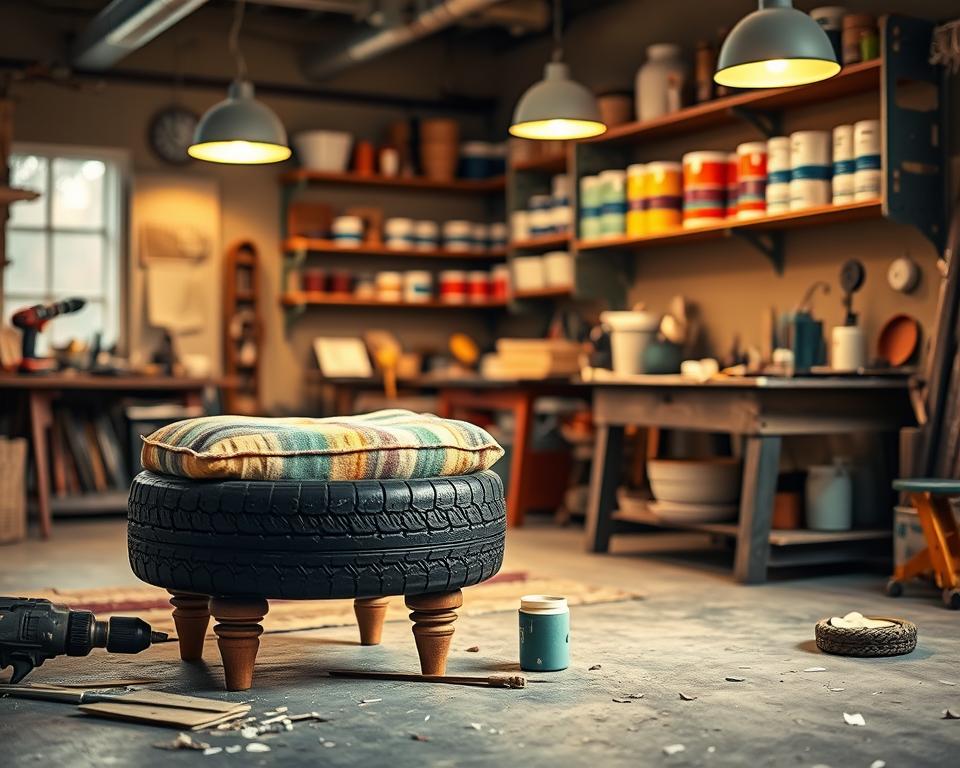 A cozy, well-lit workshop scene featuring a DIY footstool constructed from old tires. In the foreground, the footstool is adorned with optional features like a soft, colorful fabric cushion and decorative wooden legs for added elegance. Tools like a drill, sandpaper, and paint pots are scattered nearby, enhancing the crafting atmosphere. In the middle ground, a vintage workbench holds additional DIY supplies, and the soft glow of pendant lights overhead casts warm light on the scene, emphasizing the textures of the tires and fabric. In the background, shelves lined with paint and tools create an organized yet creative space. The mood is inviting and inspiring, showcasing the ingenuity and personal touch of DIY furniture making.