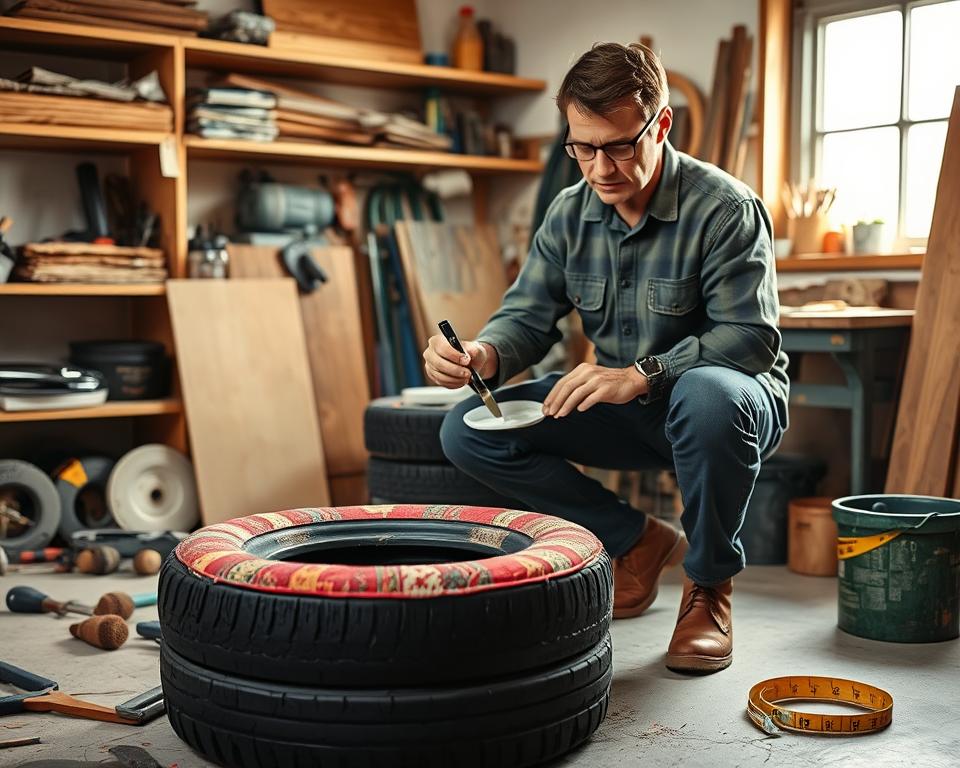 A cozy workshop setting with a skilled craftsman in modest casual clothing, working on a DIY footstool made from old tires. In the foreground, display a half-finished footstool, featuring layered tires with a vibrant fabric top, surrounded by tools like a saw, paintbrushes, and a measuring tape. In the middle, capture the craftsman meticulously applying a coat of paint, with focused expression and hands busy at work. The background includes shelves filled with various tools and materials, bathed in warm, natural light filtering through a nearby window, creating an inviting atmosphere. Emphasize a sense of creativity and craftsmanship that inspires viewers to recreate their own footstools.