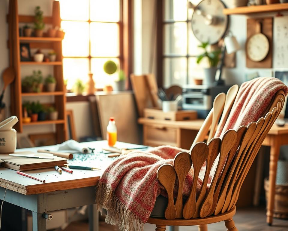 A cozy workspace scene showcasing a selection of creatively upcycled wooden spoons transformed into stylish furniture projects. In the foreground, a beautifully crafted wooden spoon chair draped with a soft, colorful throw. To the side, there’s a rustic wooden spoon shelf adorned with small potted plants and vintage kitchen items. The middle ground features a work table sprinkled with paint and tools, hinting at ongoing DIY creativity. In the background, a warm, sunlit window casts soft, golden light onto the scene, creating an inviting and inspiring atmosphere. The overall mood is artistic and motivating, encapsulating the essence of craftsmanship. The image is shot from a slightly elevated angle, offering a clear view of the projects and workspace details, with a shallow depth of field to beautifully blur the background.