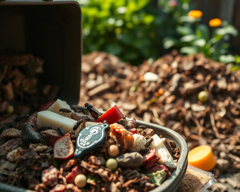 A detailed composting scene illustrating the risks of composting meat and dairy products. In the foreground, focus on a compost bin overflowing with decomposing meat remnants and dairy items, surrounded by attractive yet hazardous insects, such as flies and maggots. The middle ground features a compost pile, where the contrast between healthy brown and green materials and the spoiling meat and dairy is evident. In the background, softly blurred, showcase a garden with lush plants, symbolizing the potential consequences of improper composting. Utilize natural daylight to highlight textures and details, with a warm color palette creating a slightly unsettling atmosphere, emphasizing the dangers and mistakes of composting these items. Use a slightly angled perspective to provide depth and engage viewers visually.