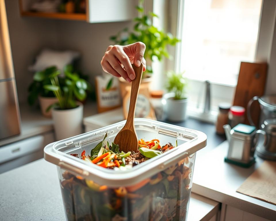 A detailed interior scene showcasing the maintenance of a Bokashi bin in a small apartment kitchen. In the foreground, a neatly organized Bokashi bin sits on a counter, filled with compostable kitchen scraps like vegetable peels and coffee grounds. A pair of hands, clad in modest casual clothing, is gently stirring the contents with a wooden spoon, emphasizing care and attention. In the middle ground, additional composting supplies such as a small bag of Bokashi bran and a watering can are neatly arranged. The background features warm lighting from a window, illuminating a cozy, minimalistic kitchen setting with green plants and jars of spices. The overall mood is calm and nurturing, inviting viewers to appreciate the simplicity and sustainability of Bokashi composting.