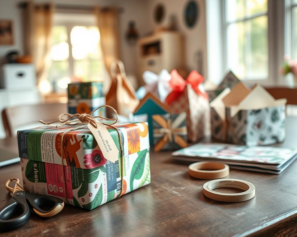 A lively tabletop scene showcasing upcycled magazine wrap crafts. In the foreground, a beautifully wrapped gift box made from colorful magazine pages, adorned with twine and a handmade paper tag, sits next to a pair of scissors and a roll of tape. The middle ground features several creatively crafted items such as unique gift bags and decorative envelopes, all made from patterned magazine cutouts. The background is softly blurred, hinting at a cozy crafting space with warm, natural light pouring in through a window, giving a cheerful, inviting atmosphere. The angle is focused on the crafts at eye level, capturing the intricate textures and vibrant colors of the magazine wraps, igniting a sense of fun and creativity.