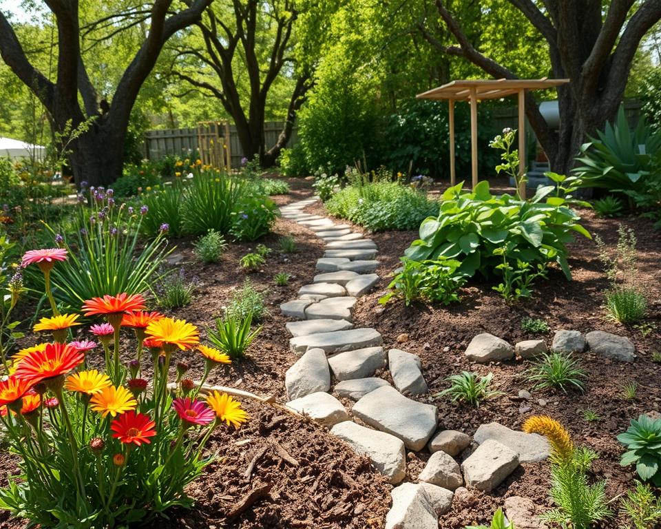 A lush, eco-friendly landscape featuring native plants and xeriscaping techniques. In the foreground, vibrant, drought-resistant flowers bloom beside a rain garden filled with rich soil and stones that captures rainwater. The middle section showcases a winding path made of reclaimed wood leading to a vegetable garden surrounded by aromatic herbs, all cultivated without pesticides. In the background, a small, solar-powered irrigation system can be seen subtly integrated into the landscape. Natural light filters through the trees, casting dappled shadows on the ground, evoking a serene, sustainable atmosphere. Shot from a slight elevation to capture the harmony of the elements, emphasizing the beauty of water-efficient gardening solutions.