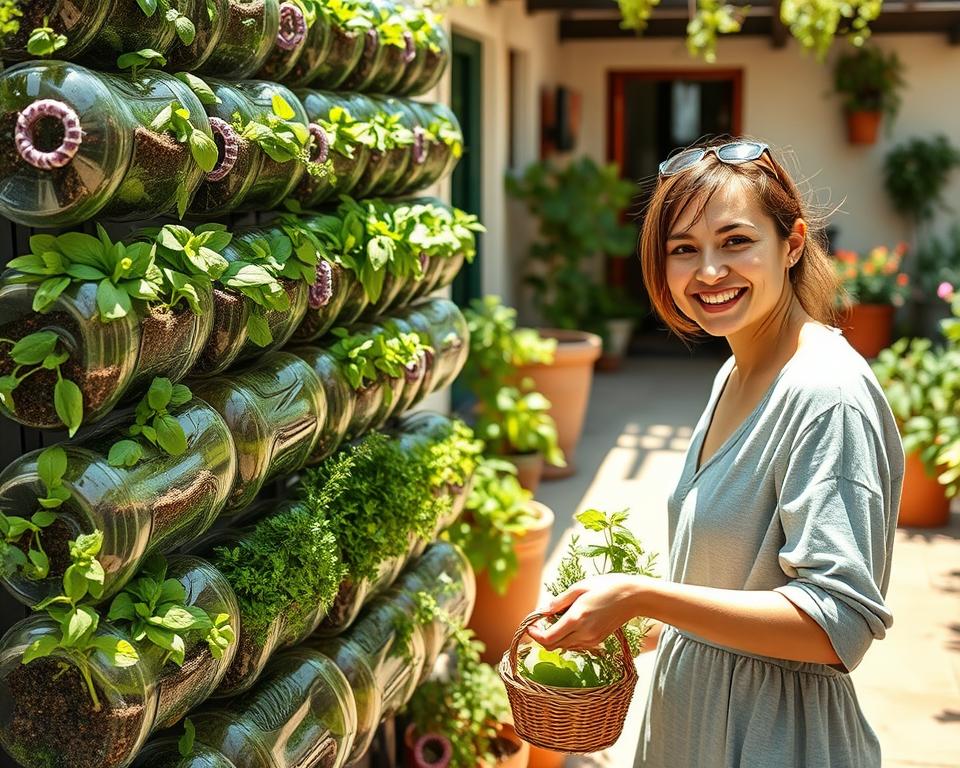 A lush vertical herb garden made from recycled plastic bottles, showcasing a variety of herbs such as basil, mint, and rosemary. In the foreground, someone is gently harvesting fresh herbs, wearing casual clothing, with a content smile, holding a pair of scissors in one hand and a small basket in the other. The middle ground features a tiered arrangement of bottles, each planted with vibrant green herbs, showcasing healthy foliage and colorful soil. The background is a sunlit patio adorned with potted plants, casting soft, warm sunlight that creates a tranquil atmosphere. The composition should be shot from a slightly elevated angle, emphasizing the verticality of the garden while highlighting the activity of harvesting.