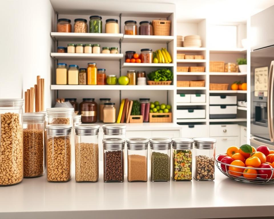 A modern and efficient kitchen storage scene showcasing a variety of innovative food storage solutions. In the foreground, a sleek, minimalist countertop features clear glass containers filled with colorful dry goods like grains, pasta, and spices, organized neatly for easy access. In the middle ground, open shelving displays jars and baskets of fresh fruits and vegetables, promoting a sustainable approach to cooking. The background reveals a bright, airy kitchen filled with natural light, highlighting a well-organized pantry with labeled bins and pull-out drawers. Soft, warm lighting creates an inviting atmosphere, emphasizing the tidiness and functionality of the space. The camera angle is slightly elevated, providing a comprehensive view of this efficient and inspiring kitchen environment.
