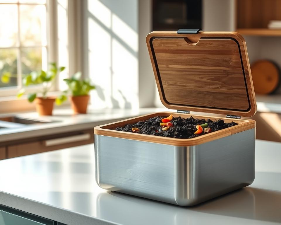 A modern, eco-friendly compost bin sits prominently on a clean kitchen countertop, showcasing a sleek design made from sustainable materials like bamboo and stainless steel. The foreground features an open lid revealing rich, dark compost filled with kitchen scraps and vibrant food scraps such as vegetable peels and coffee grounds. In the middle ground, the kitchen exudes warmth with natural light streaming through a window, casting soft shadows that enhance the organic feel of the scene. Green potted herbs are visible nearby, reinforcing the idea of sustainable living. The background is subtly blurred to keep the focus on the compost bin, creating a peaceful and harmonious atmosphere that embodies the essence of eco-friendly composting solutions.