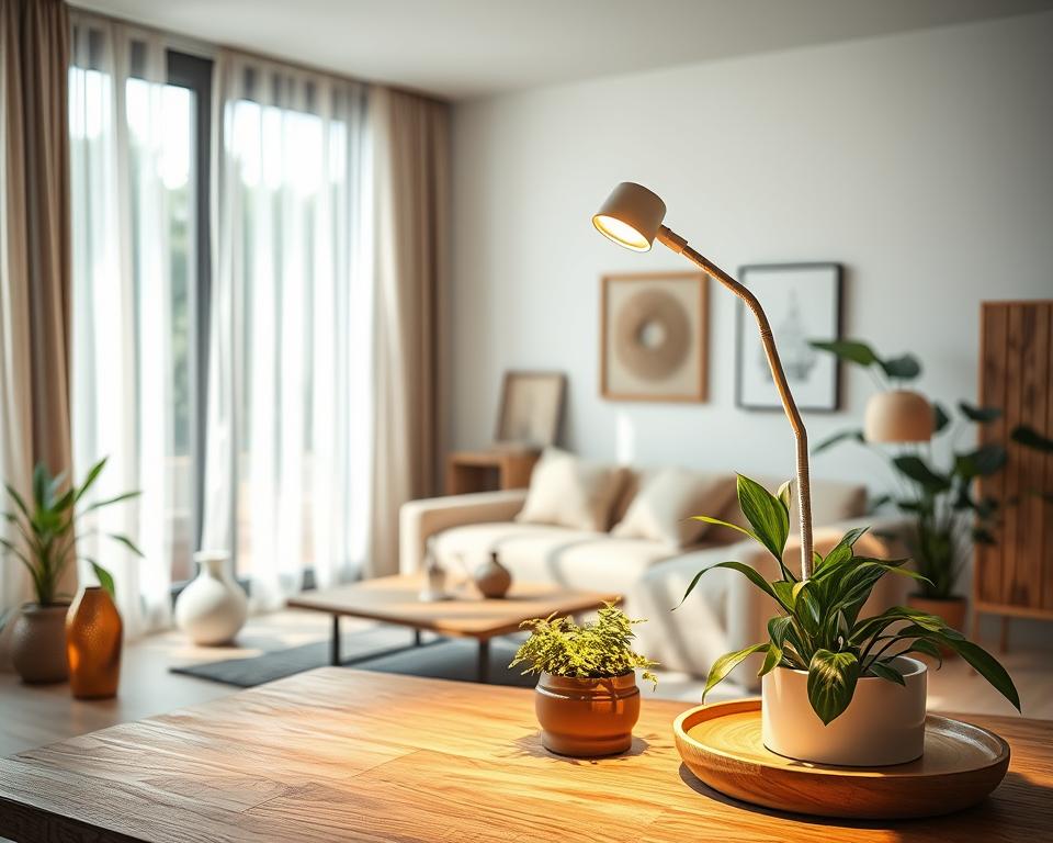 A modern interior space showcasing eco-friendly lighting design. In the foreground, a wooden table adorned with plants and a stylish, adjustable LED lamp designed to optimize natural light. The middle section features a large window with sheer curtains, allowing soft daylight to flood the room, accentuating the natural materials used in furniture, like bamboo and reclaimed wood. In the background, minimalist wall art enhances the tranquil atmosphere. The lighting is warm and inviting, creating a cozy and sustainable vibe. Use a wide-angle lens to capture the layout and emphasize the connection between the indoor space and the outside world. The mood should be serene, promoting an eco-conscious lifestyle and the innovative role of interior design in sustainable lighting solutions.