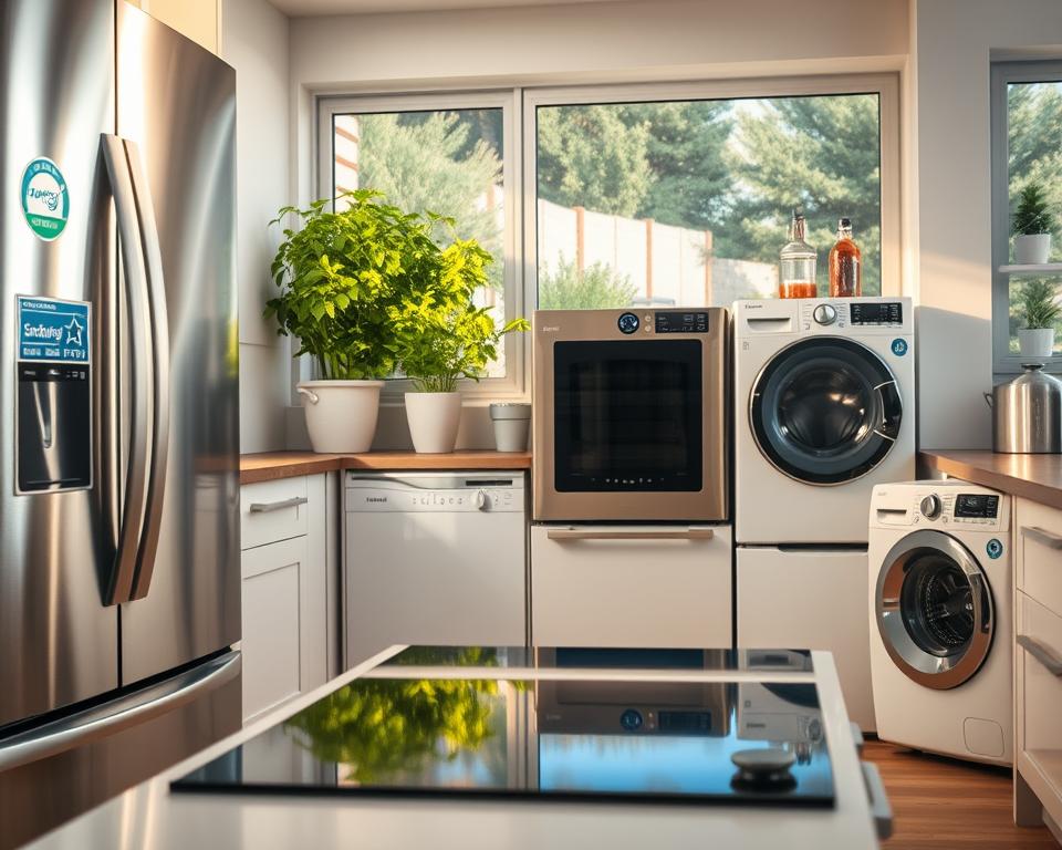 A modern kitchen showcasing a stunning array of top energy-efficient appliances from various reputable brands. In the foreground, a sleek, stainless steel refrigerator features an eco-friendly energy star label, while beside it, an advanced induction stove gleams under soft LED lighting. The middle ground includes a silent dishwasher and a high-efficiency washing machine, both designed with contemporary aesthetics. In the background, large windows let in natural light, illuminating potted herbs that symbolize sustainability. The scene is warm and inviting, evoking a sense of responsibility and modern living. The angle captures the appliances at eye level, providing a sense of engagement. Overall, the atmosphere feels fresh, innovative, and energy-conscious, inspiring viewers to consider their next upgrade thoughtfully.