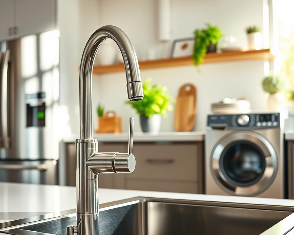A modern kitchen showcasing a variety of sleek, water-efficient appliances, such as a stylish dishwasher and an innovative washing machine, all designed with eco-friendly features. In the foreground, focus on the streamlined metal faucet with an integrated water-saving feature, glistening under soft, natural light streaming through a nearby window. In the middle, display a countertop with a bright green plant, emphasizing a sustainable lifestyle. The background features a minimalist design with light-colored cabinets and eco-conscious decor, creating a clean, harmonious atmosphere. Capture the scene from a slight angle to highlight the appliances' details, ensuring bright, inviting lighting enhances the feeling of modernity and environmental responsibility.