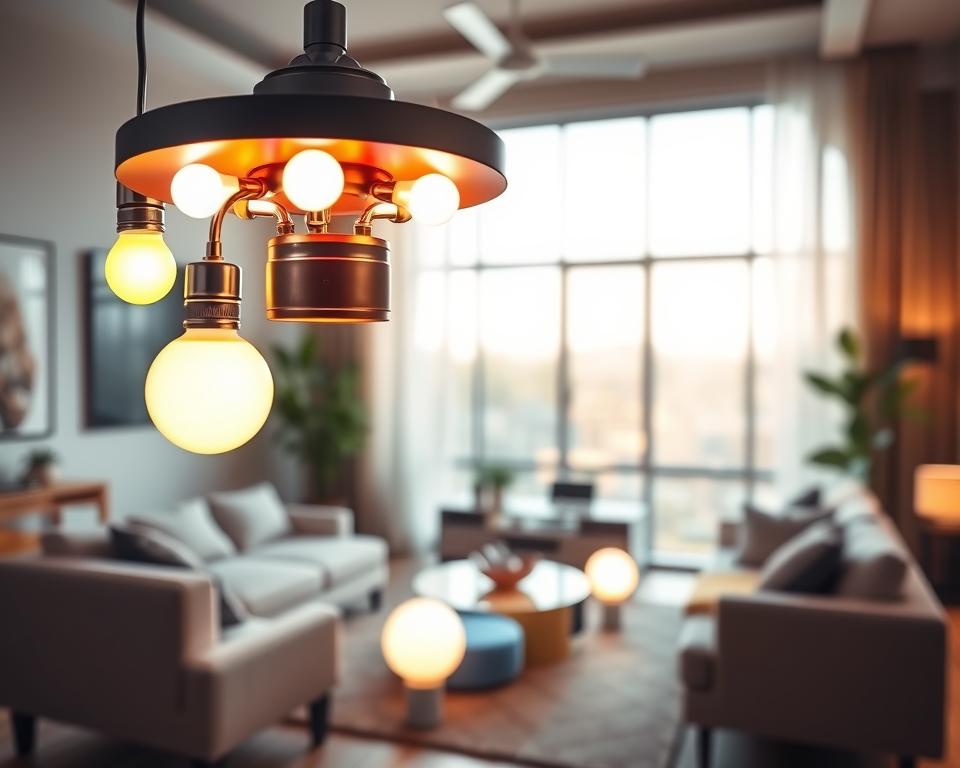 A modern living room featuring a variety of LED smart bulbs in different shapes and colors, illuminated to showcase their versatility and brilliance. In the foreground, focus on a sleek, stylish light fixture with glowing LED bulbs. In the middle, display a cozy seating area with smart home devices subtly integrated, perhaps a voice assistant on a shelf. The background should depict a large window allowing soft, natural daylight to blend with the LED lighting, creating a warm and inviting atmosphere. Use a wide-angle lens effect to capture the spacious feel, with soft shadows adding depth. The mood should be innovative and inviting, highlighting technological advancements in home lighting without any text or distractions.