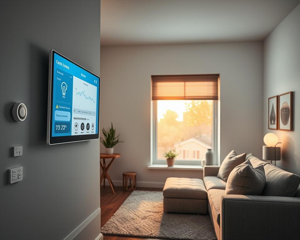 A modern living room showcasing advanced smart home technology. In the foreground, a sleek, interactive smart display mounted on the wall shows real-time energy usage and control options for appliances. In the middle, a comfortable sofa faces an automated window that adjusts its tint based on sunlight, enhancing energy efficiency. Smart light bulbs cast a warm glow, illuminating the space with soft, natural lighting. The background features smart thermostats and connected devices strategically placed, blending seamlessly into a minimalist decor. The atmosphere is tranquil yet tech-savvy, embodying a modern lifestyle focused on effortless energy savings. The scene is well-lit, with a wide-angle lens capturing the harmonious integration of technology within the home.