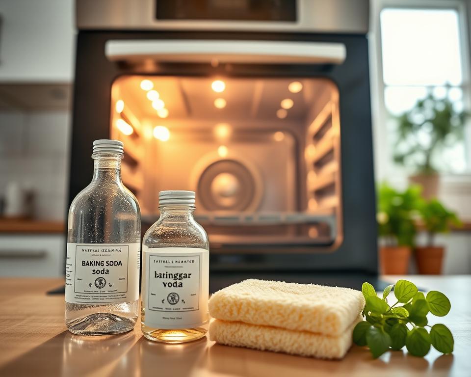 A modern self-cleaning oven positioned prominently in a bright, inviting kitchen. The oven door is slightly ajar, revealing a clean, gleaming interior. In the foreground, a natural cleaning solution made of baking soda and vinegar is elegantly displayed next to a soft sponge. The middle layer showcases the stylish kitchen countertops with potted herbs, creating a fresh atmosphere. The background features light streaming in from a large window, illuminating the space with a warm glow. The overall mood is clean and serene, emphasizing a natural and chemical-free cleaning experience. The angle captures the oven at eye level, providing a clear view of its features and the tools used for natural cleaning.