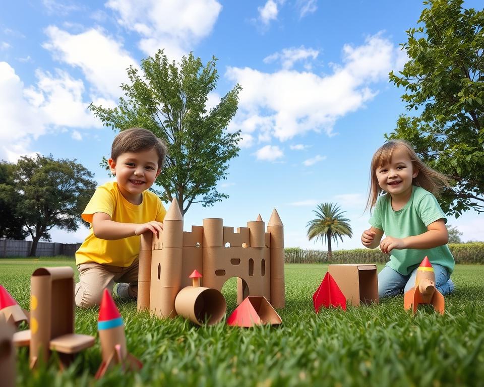 A peaceful outdoor scene showcasing children engaged in safe play with eco-friendly cardboard toys. In the foreground, two children, one wearing a bright yellow t-shirt and the other in a pastel green shirt, are joyfully building a castle from colorful cardboard rolls, with wide smiles and focused expressions. The middle ground features a green grass area scattered with various handmade cardboard toys, such as rockets and animals. In the background, a vibrant blue sky is dotted with soft white clouds, and a few trees provide shade, creating a serene atmosphere. Soft, natural lighting enhances the scene, capturing the innocence and joy of eco-conscious playtime. The angle is slightly elevated, providing a panoramic view of this enchanting, environmentally friendly play space.