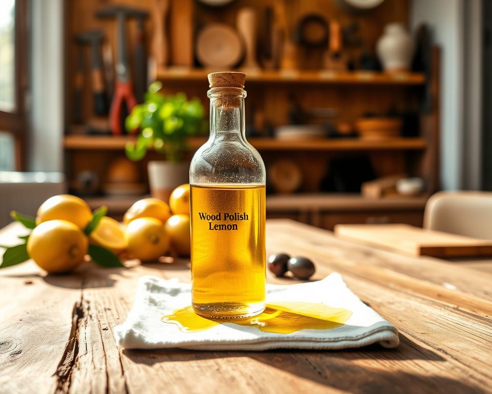A rustic wooden table set in a sunlit kitchen, showcasing a small glass bottle of natural wood polish made from olive oil and lemon. In the foreground, the glistening polish is poured onto a soft, clean cloth, with droplets reflecting light, emphasizing the natural shine. Beside it, fresh lemons and a few olives create a harmonious, organic feel. The middle ground features wooden shelves filled with various woodworking tools and a potted herb, radiating a homely atmosphere. Soft, diffused lighting streams in through a window, casting gentle shadows that enhance the warmth of the wood. The overall mood is inviting and earthy, inspiring a sense of craftsmanship and care for natural materials.