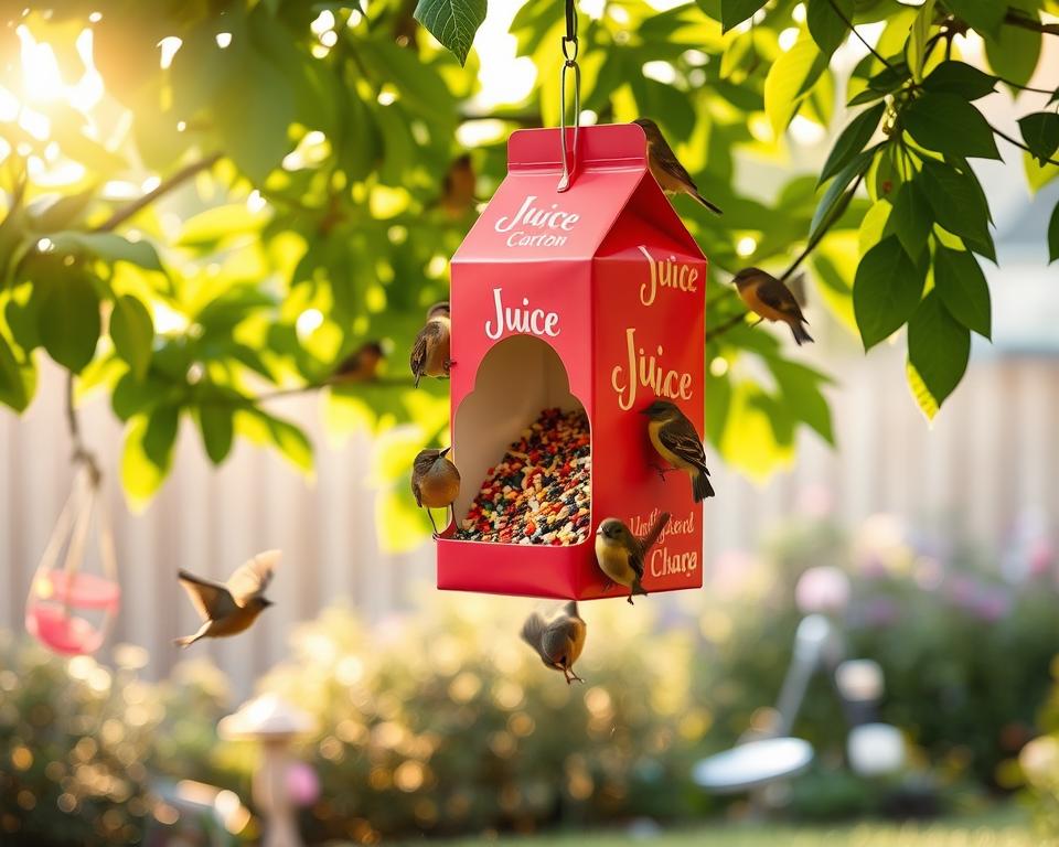 A serene backyard scene showcasing an upcycled juice carton transformed into a whimsical bird feeder. In the foreground, the brightly colored juice carton is attached to a tree branch, with a wide opening filled with a mix of vibrant birdseed. Small birds, like finches and sparrows, flit around the feeder, some perched on its edges, while others gather on the ground below, pecking at scattered seeds. In the middle ground, lush green foliage provides a natural frame, with sunlight filtering through the leaves, casting dappled shadows. The background features a soft, blurred view of a garden, hinting at blooming flowers and a gentle breeze that enhances a tranquil atmosphere. The image is bathed in warm, golden hour lighting, giving a cozy, inviting feel.