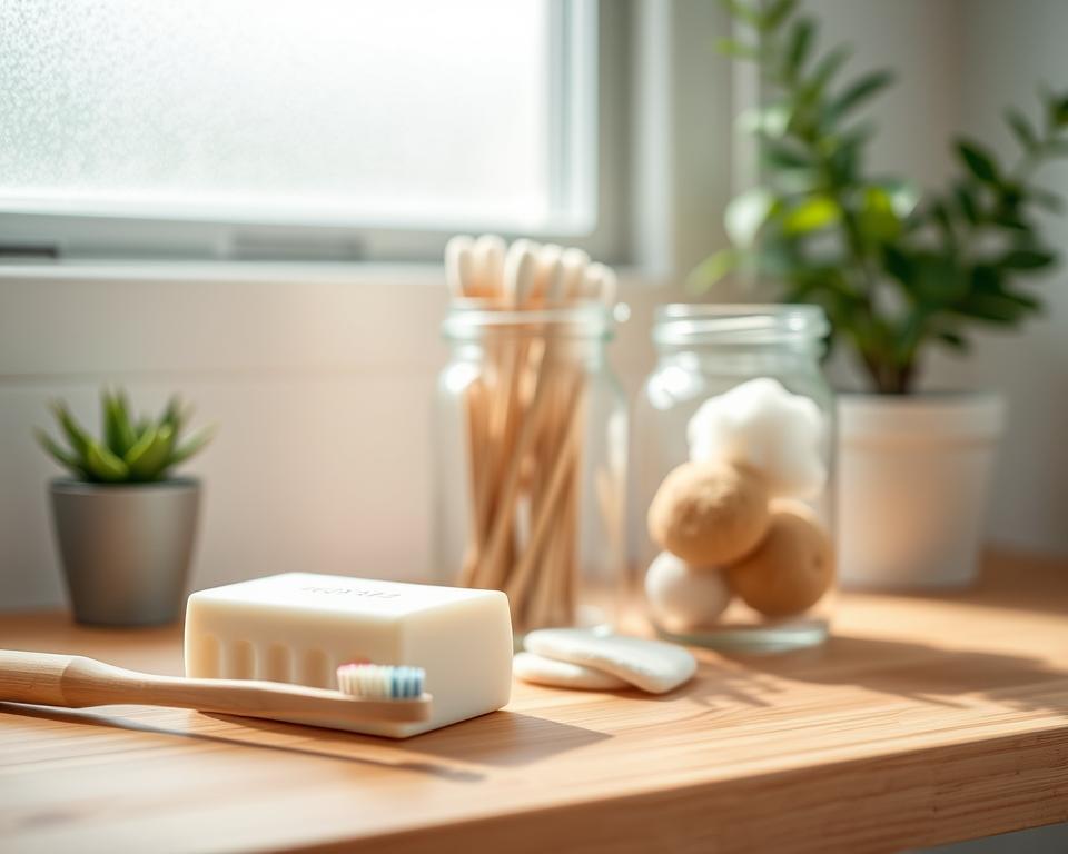 A serene, eco-friendly bathroom scene emphasizing the concept of reducing plastic waste. In the foreground, there’s a stylish bamboo toothbrush and a bar of handmade soap on a natural wood countertop, alongside a reusable cotton pad. The middle layer features clear glass jars filled with organic materials such as cotton swabs and sea sponge, promoting sustainable alternatives. In the background, a small potted plant adds a touch of greenery to the space, while soft, daylight filters through a frosted window, creating a warm and inviting atmosphere. The overall mood is calm and educational, encouraging viewers to adopt a zero-waste mindset. The composition uses a shallow depth of field for a soft focus on the jars, capturing the essence of an eco-conscious lifestyle.