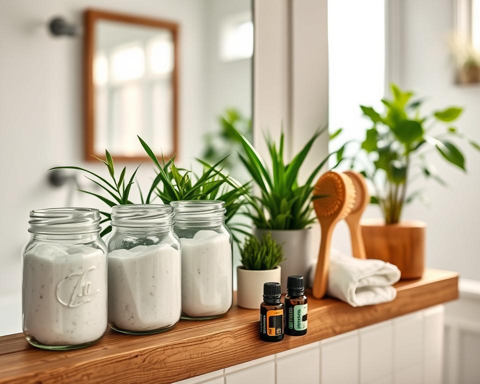 A serene eco-friendly bathroom scene featuring an aesthetically pleasing storage solution for homemade baking soda scrub. In the foreground, elegant glass jars filled with a white baking soda scrub are neatly arranged on a wooden shelf, complemented by natural bamboo scrub brushes and organic cotton cloths. The middle layer includes lush green potted plants and a few essential oils, adding a touch of nature. The background showcases a softly lit bathroom with white tiles, a large mirror, and gentle sunlight streaming through a frosted window, creating a warm and inviting atmosphere. The overall mood is clean, natural, and organized, ideal for promoting sustainable living. Use a soft-focus lens effect for a calming ambiance.