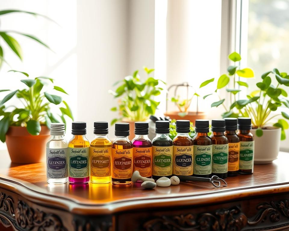 A serene indoor scene showcasing an elegant arrangement of various essential oil bottles, each labeled with natural pest-repellent attributes. In the foreground, a beautifully crafted wooden table holds small, ornate glass bottles filled with vibrant oils like lavender, peppermint, and citrus. The middle ground features potted balcony plants, lush and green, nestled among charming decorative stones and small gardening tools that hint at care. In the background, soft natural light streams through a window, illuminating the space and casting gentle shadows. This image exudes a calming and organic atmosphere, ideal for illustrating natural solutions against pests while emphasizing the beauty and tranquility of caring for balcony plants.