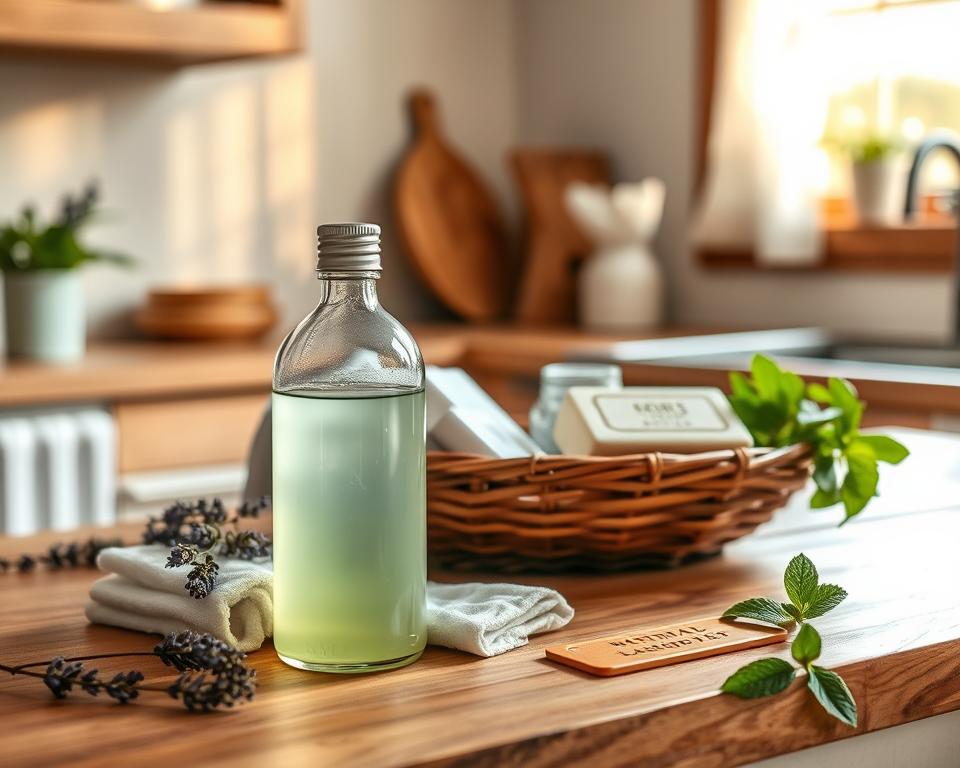 A serene kitchen scene showcasing an array of chemical-free laundry solutions elegantly arranged on a wooden countertop. In the foreground, a glass bottle of natural stain remover filled with light green liquid, accompanied by bamboo and reusable cotton cloths, exuding an eco-friendly vibe. In the middle, a rustic basket features organic laundry soap bars and a small jar of essential oils, highlighting sustainable choices. The background reveals a softly lit window with sheer curtains, allowing warm sunlight to filter in, enhancing the natural atmosphere. Surrounding the products are fresh herbs like lavender and peppermint, suggesting freshness and purity. The overall mood is inviting and wholesome, emphasizing a clean, toxin-free lifestyle.