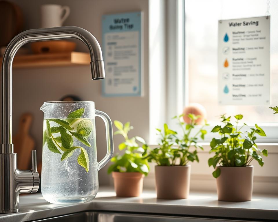 A serene kitchen scene showcasing water conservation practices. In the foreground, a stylish faucet equipped with a water-saving aerator, with a glass jug filled with refreshing mint-infused water. Next to it, a vibrant indoor herb garden in recycled containers, illustrating repurposing materials. In the middle ground, an eco-friendly dish drying rack made of bamboo and compostable dish soap. Soft morning light streams through a window, casting a warm glow across the space. In the background, a wall chart displays water-saving tips in a neat, organized manner. The overall atmosphere is calm and inviting, emphasizing sustainability and mindful living, captured with a soft focus lens, in a slightly elevated angle to highlight the kitchen's eco-friendly features.