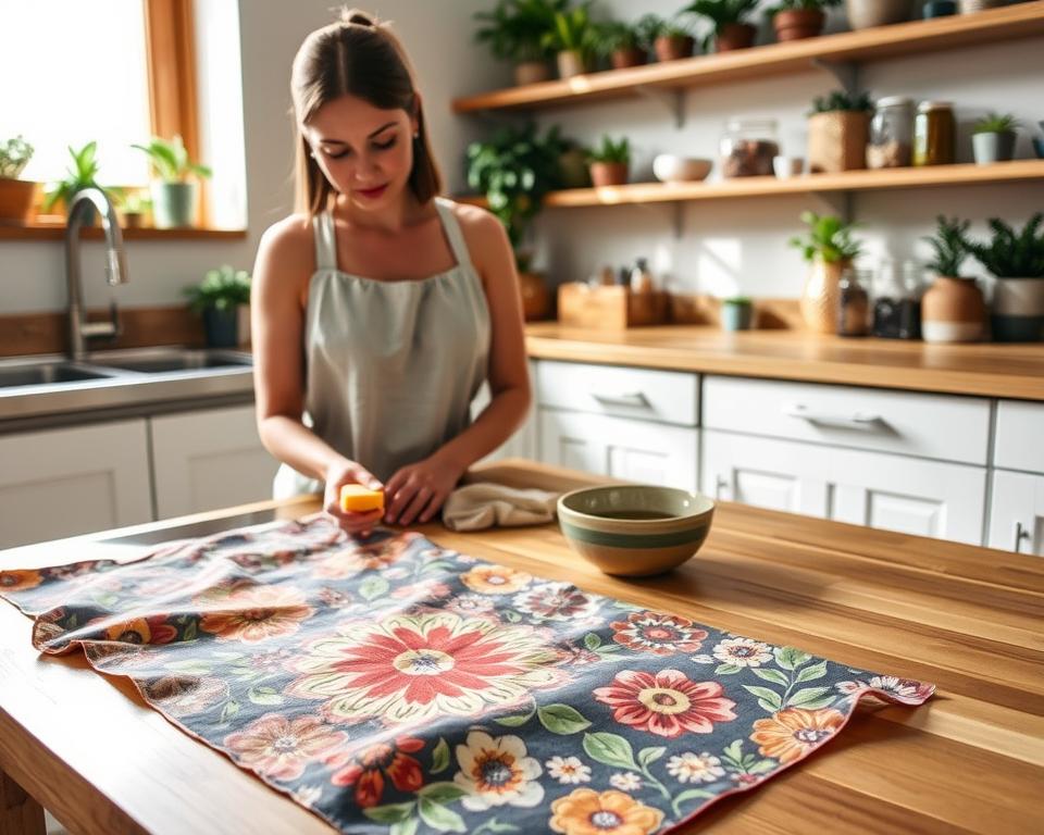 A serene kitchen setting featuring a person gently cleaning colorful homemade beeswax wraps. In the foreground, the vibrant wraps are laid out on a wooden countertop, displaying intricate floral and geometric patterns. The person, dressed in a modest casual outfit, is using a soft sponge and warm soapy water to care for the wraps, with a focused yet relaxed expression. In the middle ground, a small bowl of natural soap and a cloth are visible, enhancing the eco-friendly theme. The background showcases a softly lit kitchen environment with wooden shelves holding jars of organic ingredients and houseplants, creating a warm, inviting atmosphere. Natural sunlight filters through a nearby window, casting a gentle glow and highlighting the textures of both the wraps and the kitchen materials, evoking a sense of sustainability and care.