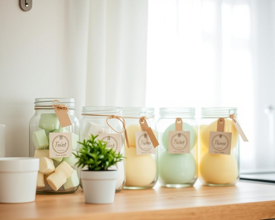 A serene kitchen shelf displaying neatly organized eco-friendly toilet cleaning bombs in various pastel colors, such as soft greens, blues, and yellows. The bombs should be in clear, re-sealable glass jars, labeled with simple, elegant tags made of recycled paper. In the foreground, a small potted plant adds a touch of freshness, while a natural wood surface adds warmth. The background features light, airy curtains letting in soft, diffused sunlight, enhancing the clean and eco-friendly vibe. A shallow depth of field focuses on the cleaning bombs, with a gentle bokeh effect. The overall atmosphere is calm and inviting, perfect for eco-conscious individuals seeking practical storage solutions.