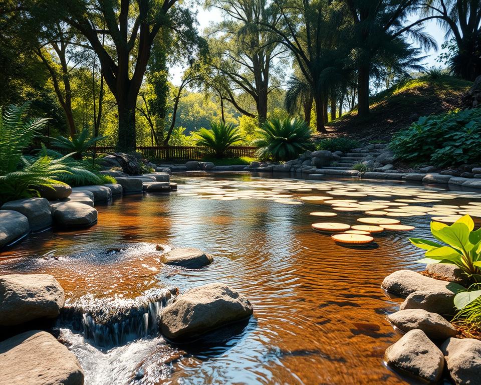 A serene outdoor space showcasing natural cooling through water features. In the foreground, a gentle, meandering stream flows over smooth stones, reflecting sunlight and surrounded by lush greenery, including ferns and native plants. In the middle ground, a tranquil pond is dotted with lily pads, where calming ripples expand outward, creating a peaceful ambiance. The background features tall trees with dense canopies that filter warm sunlight, casting dappled shadows around the area. The scene is warmly lit by the late afternoon sun, enhancing the cool blues and greens of the water and foliage. The overall mood is refreshing and tranquil, evoking a sense of natural comfort and relief from heat. The composition is viewed from a slightly elevated angle, leading the viewer's eye along the water's flow.