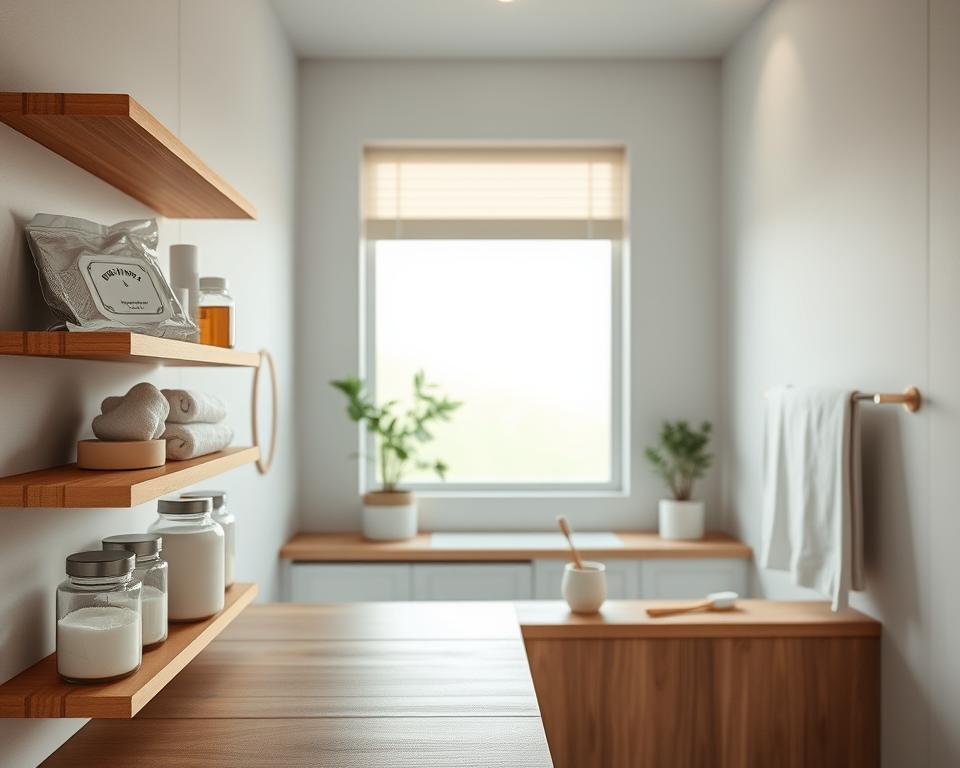 A serene zero-waste bathroom organization scene, showcasing a minimalist aesthetic. In the foreground, natural bamboo shelves neatly display eco-friendly products such as reusable cotton wipes, glass jars filled with handmade soaps, and organic loofahs. The middle ground features a sleek wooden countertop adorned with a small potted plant and a biodegradable toothbrush. Soft, diffused natural light filters through a large window, enhancing the calming atmosphere. The background consists of subtle, muted colors reflecting a pure, clean environment with white walls and light wood accents. The mood is peaceful and inviting, perfect for illustrating the concept of sustainability and simplicity in a modern bathroom space.
