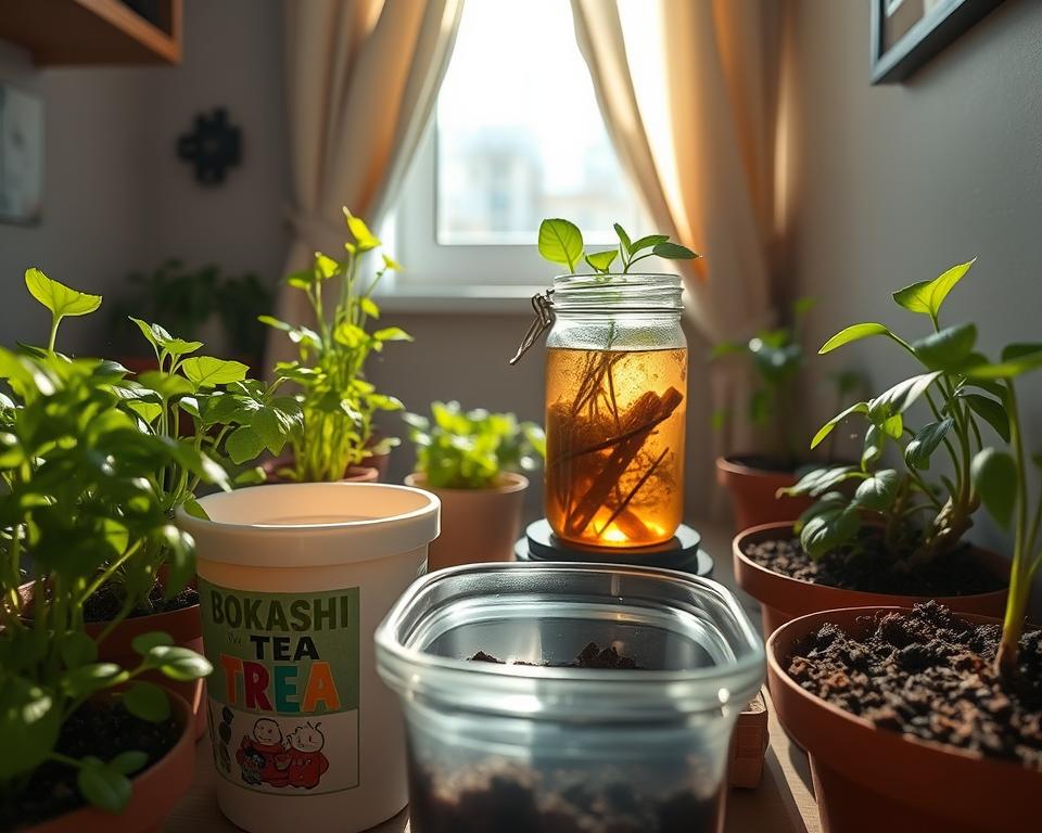 A small indoor apartment space featuring a serene Bokashi tea gardening setup. In the foreground, there is a charming Bokashi bin, colorfully labeled, surrounded by lush, thriving plants in pots filled with rich soil. The middle layer showcases a glass jar filled with luminous tea, steeping with vibrant herbs and spices, catching sunlight and creating a warm glow. The background includes a small window with flowing curtains, allowing soft, natural light to filter through, illuminating the space. This cozy atmosphere exudes tranquility and a sense of inner peace. The entire scene is shot from a slight angle, emphasizing the plants and tea, inviting viewers into this colorful home gardening experience.