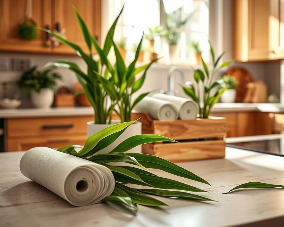 A stylish kitchen countertop featuring various eco-friendly bamboo paper towels in a natural setting. In the foreground, display a roll of soft bamboo paper towels, showcasing their texture, wrapped in vibrant green leaves. In the middle, include an artisan wooden box containing neatly folded bamboo towels alongside a small potted bamboo plant. The background should be a bright, sunlit kitchen with wooden cabinets, plants, and natural light streaming in through a window, casting warm shadows. Use soft, diffused lighting to emphasize the organic materials, giving the scene a fresh and inviting atmosphere. The angle should be a slight top-down view to capture the arrangement harmoniously, evoking a sense of sustainability and innovation.