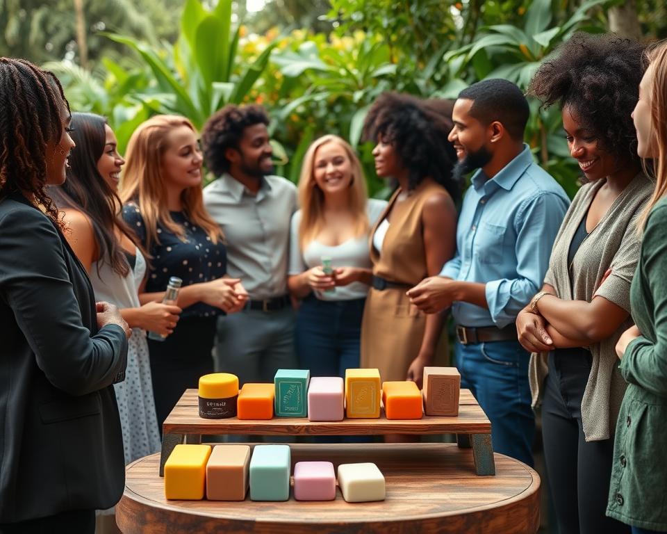A vibrant and harmonious community gathering focused on sustainable hair care, showcasing a diverse group of individuals in professional casual attire. In the foreground, a small table displays an array of colorful solid shampoo and conditioner bars, highlighting eco-friendly packaging. The middle ground features people engaging in friendly conversation, exchanging tips and experiences about sustainable hair practices, with smiles and positive body language. In the background, lush greenery and natural elements symbolize the commitment to eco-friendliness. Soft, warm natural lighting enhances the inviting atmosphere, and the scene is captured from a slightly elevated angle, providing depth and a sense of community connection. Gentle, cheerful vibes radiate throughout the image, evoking a sense of belonging and support in sustainable beauty practices.