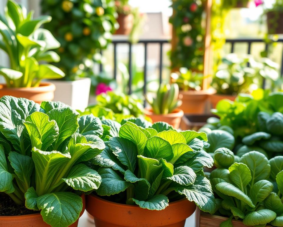 A vibrant collection of leafy greens thriving in various containers, including lush romaine lettuce, dark green kale, and rich, crisp spinach. The containers vary in style: terracotta pots, vertical planters, and wooden boxes. In the foreground, fresh dew glistens on the greens, enhancing their texture and vibrancy. The middle background showcases a sunny balcony filled with greenery, where sunlight filters through, casting gentle shadows. The scene is framed by a soft-focus view of flowers and herbs, adding depth. The lighting is bright and cheerful, evoking a sense of abundance and health. The overall mood is lively and inviting, capturing the essence of flourishing container gardening.