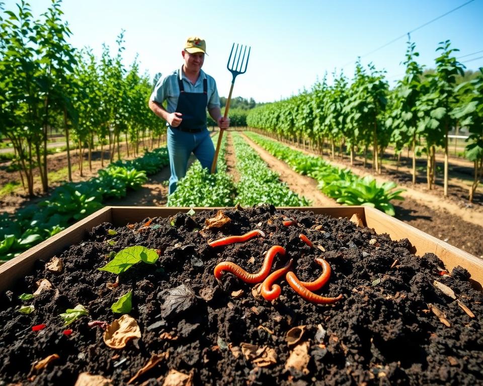 A vibrant community garden scene showcasing various composting techniques for beginners. In the foreground, a well-maintained compost bin brimming with rich, dark compost, surrounded by identifiable green materials like vegetable scraps and brown materials such as dried leaves. In the middle, an enthusiastic person in practical gardening attire turns the compost with a pitchfork, demonstrating hands-on engagement. Naturally, compost worms can be seen, enhancing the organic feel. In the background, rows of flourishing plants and a bright blue sky suggest a sunny afternoon. The lighting is warm and inviting, casting soft shadows that evoke a sense of tranquility and growth. The overall mood is educational and encouraging, inspiring viewers to embrace composting practices.