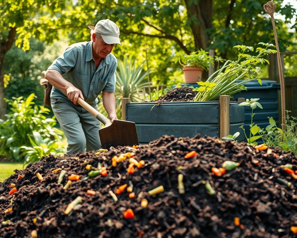 A vibrant composting scene showcasing a gardener aerating compost in a lush backyard. In the foreground, a middle-aged gardener in modest casual attire, using a pitchfork to turn a rich pile of dark brown compost filled with colorful kitchen scraps and garden waste, creating a dynamic visual of aeration in action. The middle ground features a compost bin surrounded by thriving green plants and herbs, emphasizing the importance of aeration for healthy compost. In the background, soft sunlight filters through leafy trees, casting gentle shadows that enhance the serene atmosphere. The scene conveys a sense of freshness and vitality, highlighting the crucial connection between composting and nature's cycles. The image should be well-lit with a focus on natural colors, highlighting the textures of the compost and surrounding greenery.