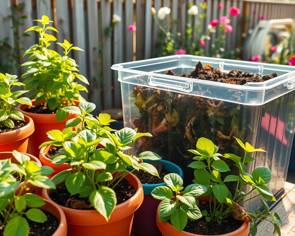 A vibrant container gardening scene featuring potted plants thriving with the use of finished compost as the potting medium. In the foreground, a variety of colorful pots filled with lush green plants, their leaves glistening in soft, natural sunlight. The middle section displays a clear, well-structured compost bin overflowing with rich, dark compost, showcasing organic materials like kitchen scraps and dried leaves. In the background, a serene garden setting with a wooden fence and blooming flowers, enhancing the lushness. The lighting is warm and inviting, creating a cheerful and encouraging atmosphere. The perspective is slightly elevated, capturing the height of the plants and the texture of the compost to emphasize their relationship. The overall mood is one of growth, vitality, and sustainability.