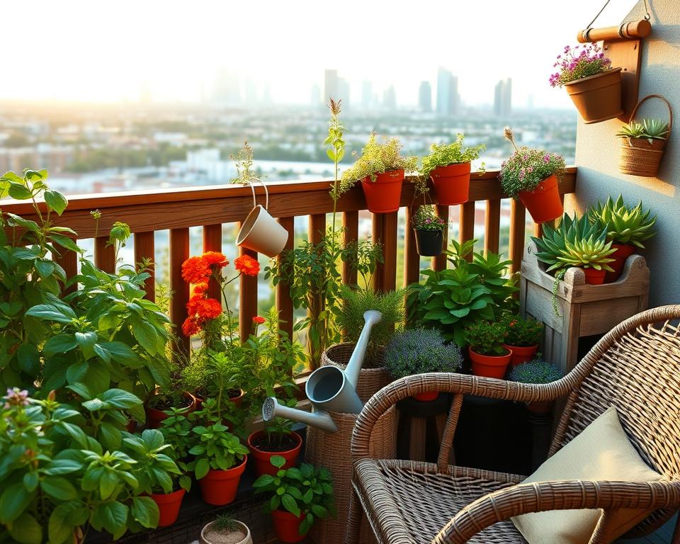 A vibrant eco-friendly balcony garden filled with a diverse array of plants—lush green herbs like basil and mint, colorful flowering pots with marigolds, and vertical wall planters overflowing with succulents. In the foreground, a wicker chair with a cozy cushion invites relaxation, surrounded by small terracotta pots with natural pest-repellent plants like lavender. In the middle, a rustic wooden railing adorned with hanging planters complements the greenery, while a watering can and gardening tools suggest ongoing care. The background features a serene urban skyline, softly illuminated by the golden light of a late afternoon sun. The atmosphere is tranquil and inviting, fostering a sense of connection with nature.