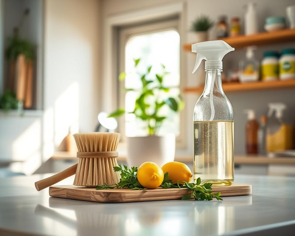 A vibrant, eco-friendly cleaning scene showcasing a tidy kitchen countertop. In the foreground, a bamboo cleaning brush and a glass spray bottle filled with a natural, homemade cleaning solution are positioned on a wooden cutting board surrounded by fresh lemon and green herbs, hinting at their cleaning properties. In the middle, sunlight streams through a large window, illuminating a houseplant in a ceramic pot, symbolizing a green environment. In the background, soft-focus shelves hold neatly organized containers of eco-friendly cleaning supplies. The overall ambiance is bright and inviting, creating a sense of freshness and cleanliness. The lighting is warm and natural, creating a serene atmosphere, emphasizing a sustainable lifestyle while reducing chemical use in the home.