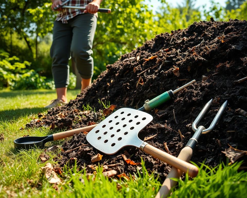 A vibrant garden scene showcasing compost aeration techniques. In the foreground, a gardener in modest casual clothing uses a pitchfork to aerate a rich, dark compost pile, with visible layers of kitchen scraps, leaves, and other organic materials. The middle ground features various tools for aeration, such as a compost aerator and a garden fork, lying on a grassy patch. In the background, lush greens of the garden enhance the atmosphere, with light filtering through trees, creating a warm, inviting mood. The scene is bright and well-lit, with soft shadows emphasizing the textures of the compost and the tools. The camera angle is slightly elevated, capturing the depth of the compost pile while focusing on the gardener's actions to convey effective aeration.
