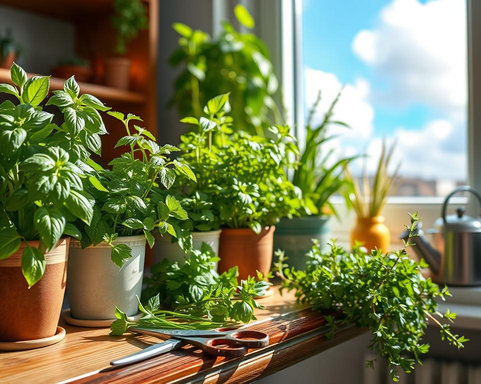 A vibrant indoor herb garden showcasing a variety of culinary herbs, including basil, parsley, thyme, and rosemary, in decorative pots placed on a wooden windowsill. In the foreground, the herbs are lush and green, with dew drops glistening in the soft morning sunlight. The middle ground features a wooden table with gardening tools like scissors and a small watering can, slightly blurred for depth. In the background, a sunlit window reveals a bright blue sky with fluffy white clouds outside, enhancing the feel of a warm, welcoming space. The scene should convey a cozy and nurturing atmosphere, inviting viewers to imagine tending to their own indoor herb garden. Soft, natural light casts gentle shadows, and the overall composition is organized and aesthetically pleasing.