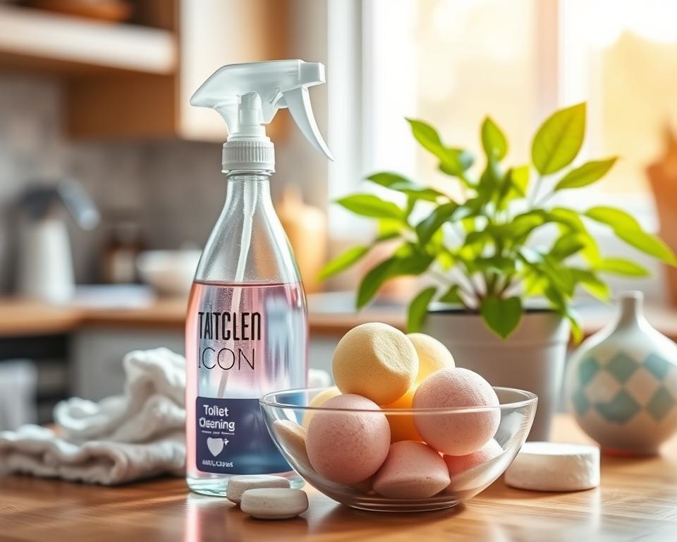 A vibrant kitchen countertop featuring an array of eco-friendly toilet cleaning supplies, set against a warm, inviting midday light. In the foreground, focus on a stylish glass spray bottle filled with a natural cleaner, surrounded by biodegradable cleaning cloths. Next to it, there's a bowl of DIY toilet cleaning bombs, infused with essential oils, showcasing their bright, colorful appearance. In the middle ground, include a small potted plant, symbolizing the environment, with fresh green leaves contrasting against the earthy tones of the countertop. The background should be a tasteful blurred kitchen setting, emphasizing cleanliness and sustainability. Capture this scene from a slightly elevated angle, creating an airy and refreshing atmosphere that conveys the benefits of using eco-friendly products.