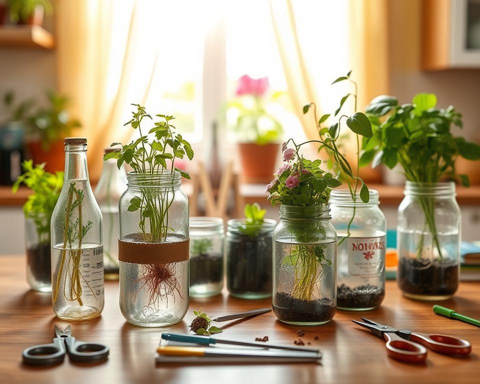 A vibrant kitchen table scene showcasing an assortment of DIY self-watering containers crafted from repurposed household items. In the foreground, several clear plastic bottles and jars have been ingeniously transformed into planters, each with thriving herbs and small flowers. One container features a handmade water reservoir, with roots visibly drawing moisture. In the middle ground, tools like scissors, soil, and colorful plant labels are arranged artistically, hinting at the creative process. The background reveals a warm, sunlit window with soft curtains, providing natural light that enhances the lush greenery. The atmosphere is cheerful and inspiring, inviting urban gardeners to engage in sustainability. Capture this scene with a soft focus lens, emphasizing the details of the containers and plants, while maintaining a cozy and homely ambiance.