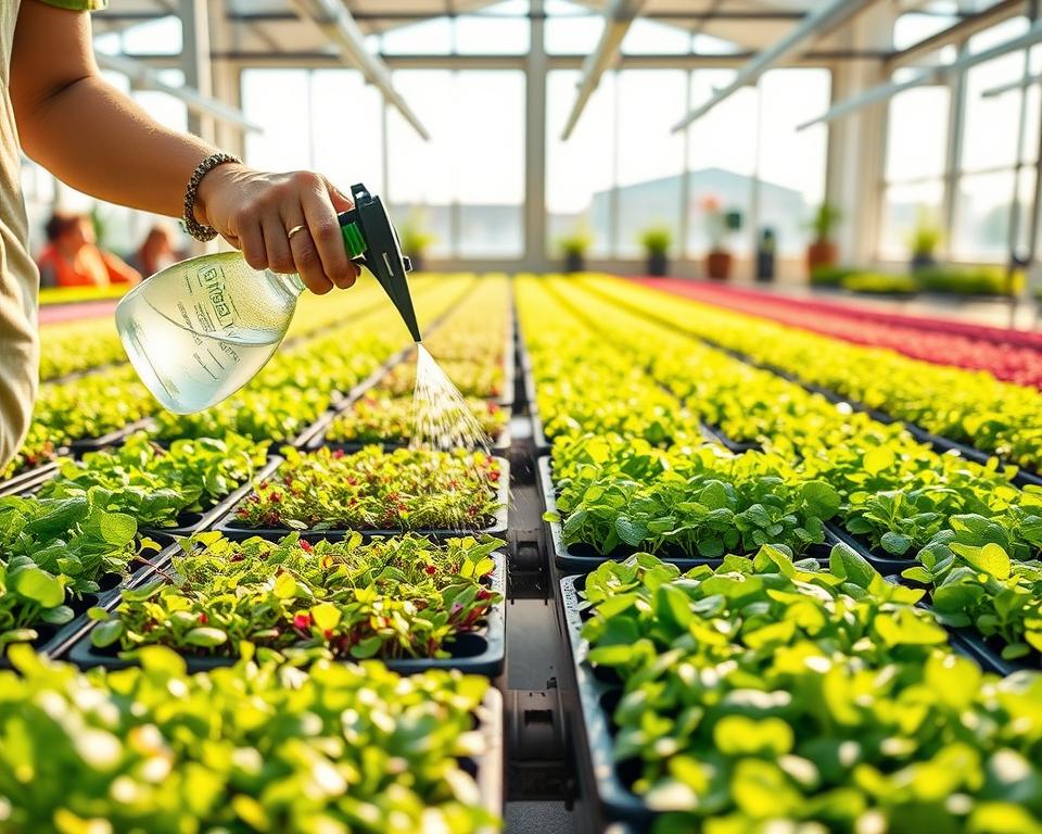 A vibrant microgreen farm scene, showcasing various trays filled with lush microgreens of different colors and textures, such as radish, basil, and sunflower. In the foreground, a person in modest casual clothing gently waters the plants with a spray bottle, demonstrating care and attention. The middle ground features rows of well-organized trays under bright LED grow lights, casting a warm, inviting glow. In the background, large windows allow natural sunlight to pour in, illuminating the healthy growth. The atmosphere is serene and productive, evoking a sense of nurturing and sustainability. Soft focus on the edges to emphasize the vibrant greens and the intricate details of each leaf.