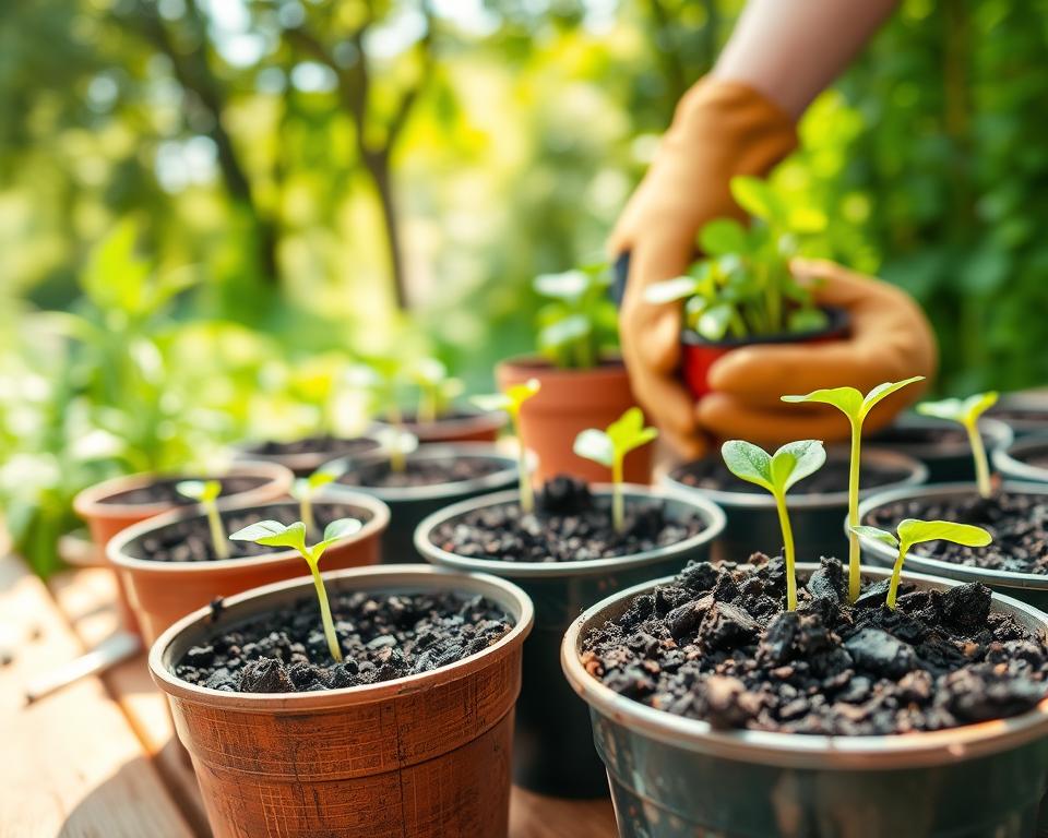 A vibrant scene illustrating container gardening using finished compost for seed starting. In the foreground, several pots filled with rich, dark compost are placed on a wooden table, showing healthy seedlings emerging, their green leaves vibrant against the soil. In the middle ground, a hand in gardening gloves gently tends to a pot, showcasing the nurturing aspect of gardening. The background features lush greenery and soft sunlight filtering through trees, creating a warm, inviting atmosphere. The image is captured with a shallow depth of field to emphasize the foreground details while softly blurring the background. Bright, natural lighting enhances the colors, evoking a feeling of growth and sustainability.