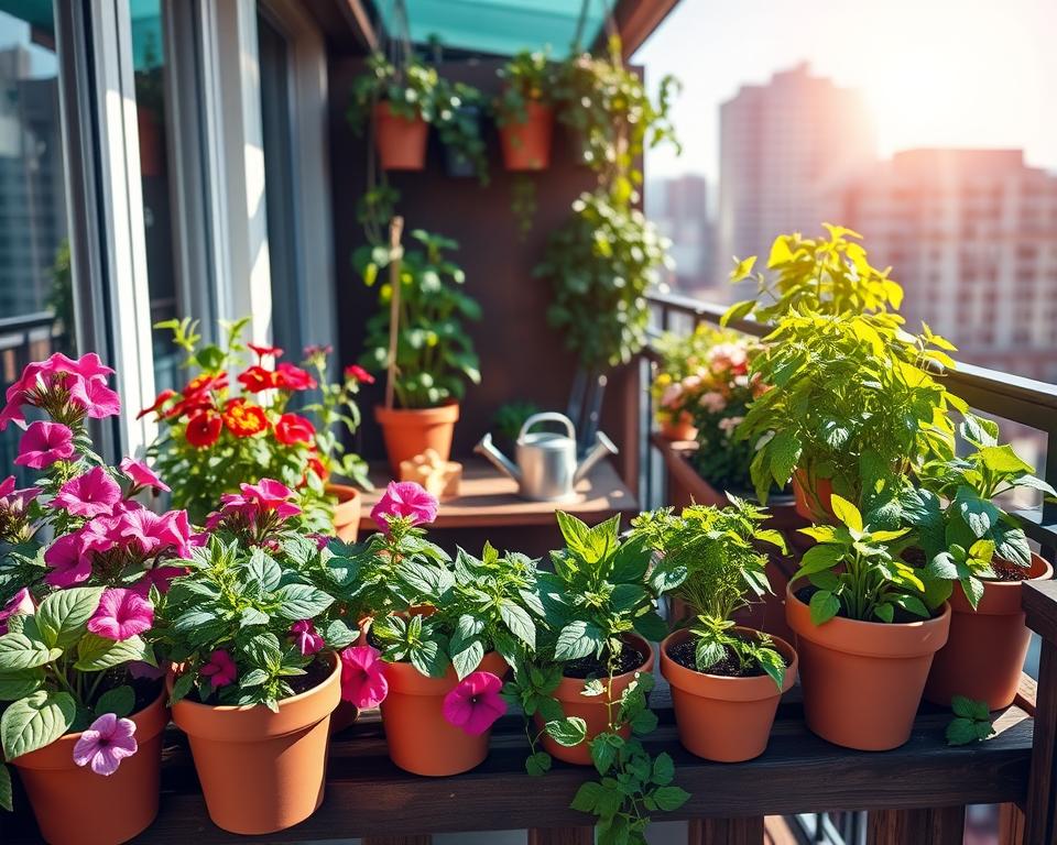 A vibrant urban balcony filled with a variety of lush gardening plants, showcasing a mix of herbs, flowers, and leafy greens. In the foreground, there's a wooden railing adorned with terracotta pots brimming with colorful petunias and aromatic basil. In the middle, a small wooden table displays neatly arranged gardening tools and a watering can, surrounded by thriving cilantro and mint in hanging planters. The background features a soft blur of the city skyline, with sunlight streaming in, casting gentle shadows and creating a warm, inviting atmosphere. The scene is captured from a slight angle to emphasize the plants' textures and colors, with a bright blue sky overhead to enhance the overall sense of urban tranquility and green living.