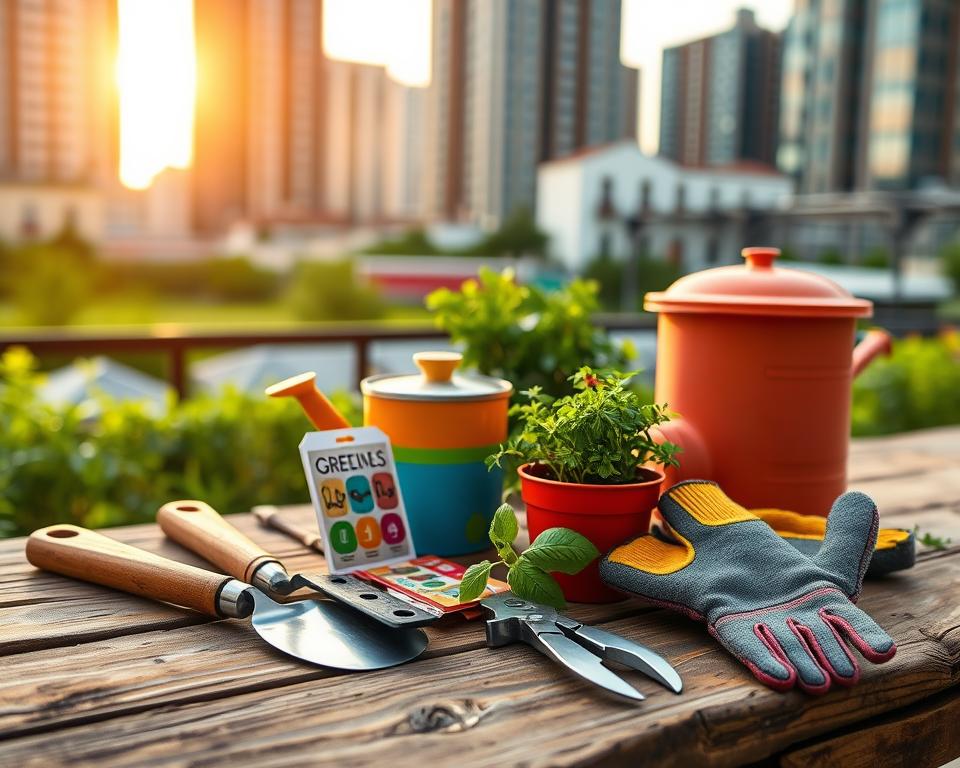 A vibrant urban gardening scene showcasing a variety of gardening tools arranged on a rustic wooden table. In the foreground, a shiny hand trowel, a sturdy pruner, and a set of ergonomic gardening gloves lie beside a small pot of fresh herbs. In the middle, a colorful watering can and seed packets hint at the growth process, while a small compost bin adds practicality to the setting. The background features a blurred view of a cityscape, including tall buildings and greenery, under a warm, golden hour sunlight that casts soft shadows. The overall mood is lively and inspiring, encouraging creativity in urban gardening. The composition is framed using a shallow depth of field, focusing on the tools while the city fades gently into the distance.